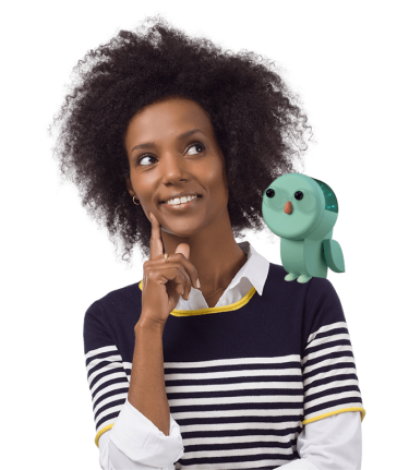 Woman with curly hair smiling and looking thoughtful, touching her chin, with a cartoon bird perched on her shoulder.