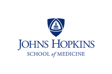 Logo of johns hopkins school of medicine featuring a blue shield with a white symbol above the name written in blue.