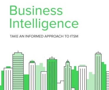 Graphic displaying text "Business Intelligence White Paper" above a cityscape illustration, with subtitle "take an informed approach to itsm" in green and white color scheme.