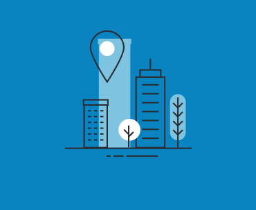 Illustration of a simplified cityscape with skyscrapers, a tree, and a location pin icon on a blue background.