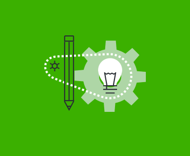 Graphic icon of a pencil and a light bulb integrated with gears on a green background, symbolizing creative ideas and technical design.