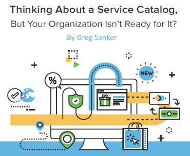 Illustration for an article titled "thinking about a service catalog, but your organization isn’t ready for it?" featuring a stylized diagram with icons related to technology and services.