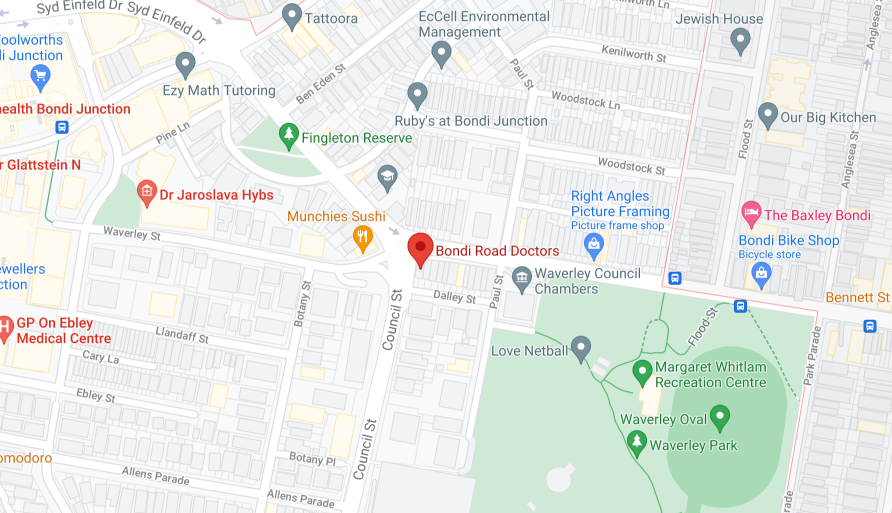Map showing the area around bondi road in bondi junction with various business locations highlighted.