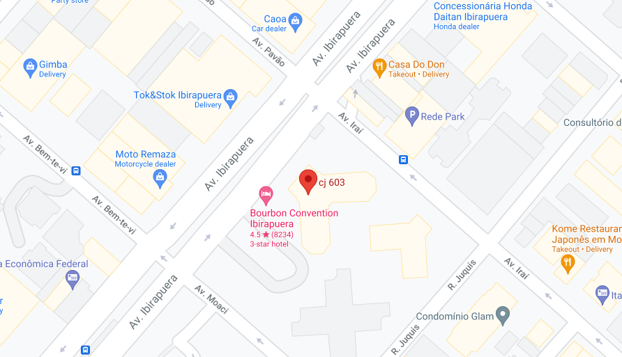 Map showing a location marked near 'bourbon convention ibirapuera' on a street map with surrounding businesses and roads.