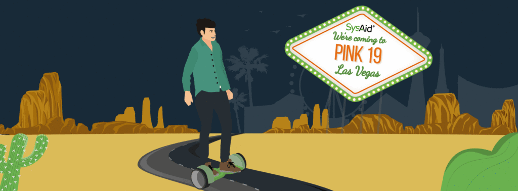 Illustration of a man with a robot on a cart in the desert, conveying SysAid's ITSM journey to PINK19 Las Vegas. - SysAid