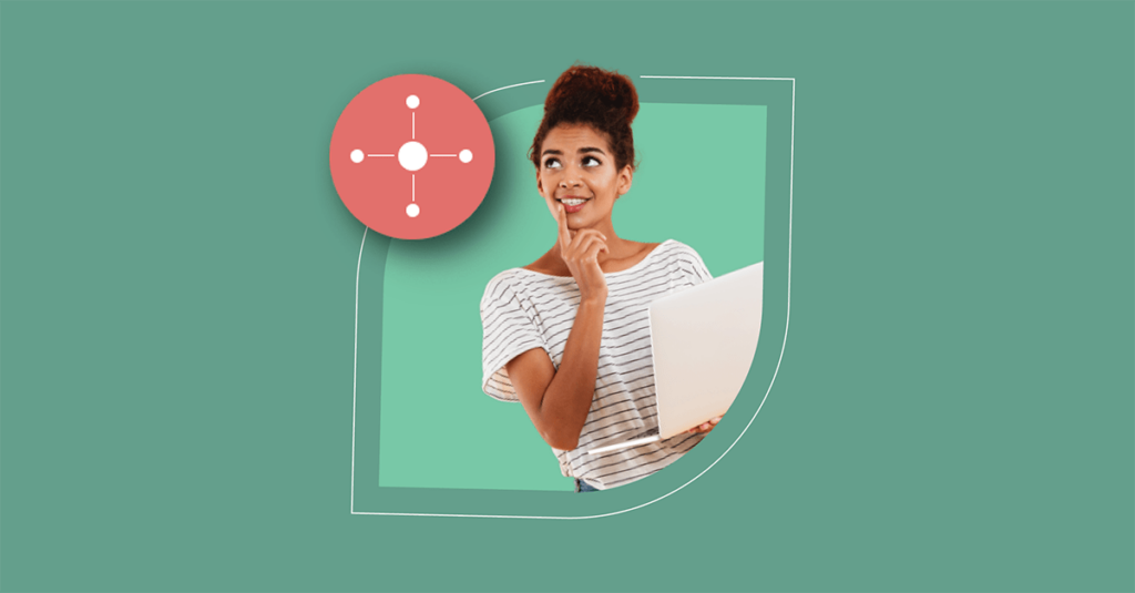 A thoughtful woman with a laptop against a green background symbolizes SysAid's seamless ITSM and Service Desk integration. - SysAid