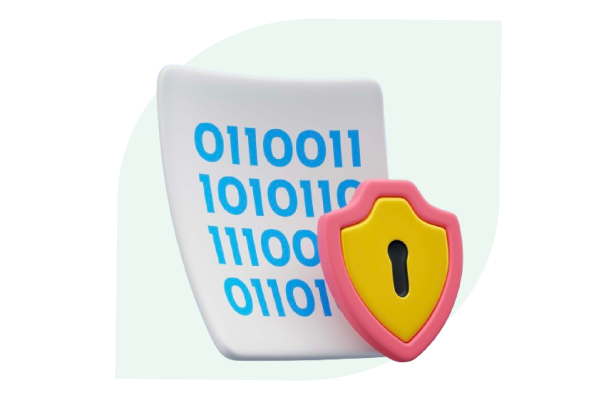 A document icon with binary code and a colorful shield symbol, representing data security and encryption.