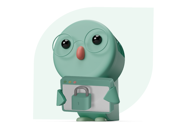 A cute, stylized cartoon owl holding a clipboard with a lock, depicted against a plain white background.