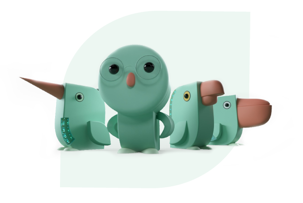 Three cartoon-style, turquoise creatures resembling a bird and two other animals, each with large eyes and playful designs, set against a white background.