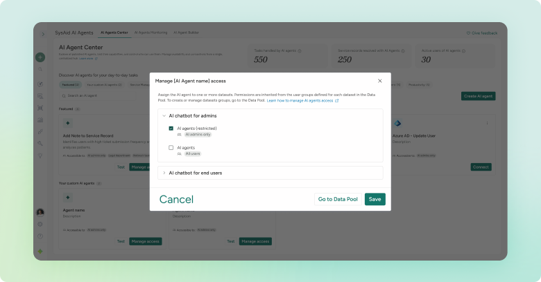 Assigning AI agent access permissions to admin groups and end users in SysAid AI Agent Center