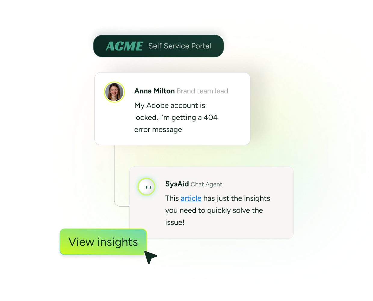 SysAid ITSM chat interface assists user with locked Adobe account; agent provides helpful article and insights option. - SysAid
