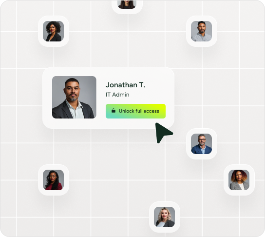 Highlighted IT Admin profile card promotes full access to SysAid ITSM, amid blurred colleagues on grid background. - SysAid