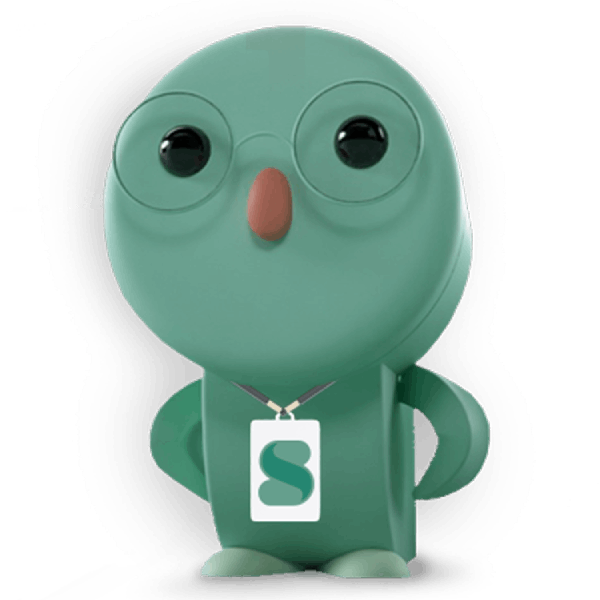 A 3d cartoon illustration of a green owl with large eyes wearing a badge labeled 's'.
