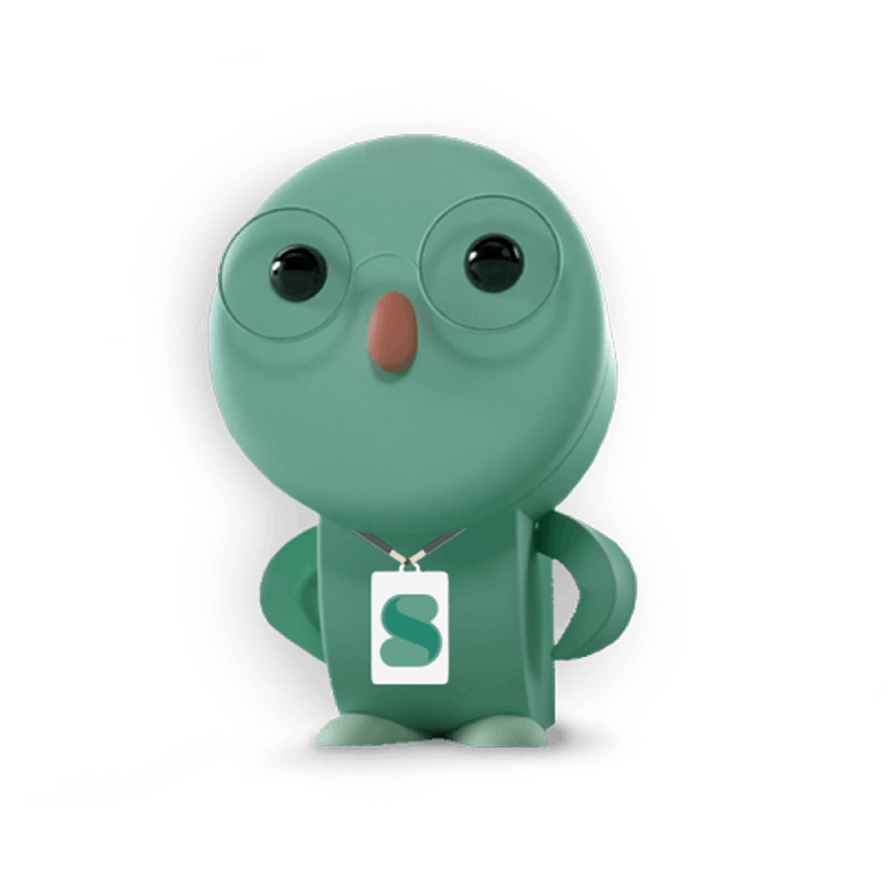 A 3d illustration of a cute, round teal owl with oversized eyes, wearing a badge with the letter "b.
