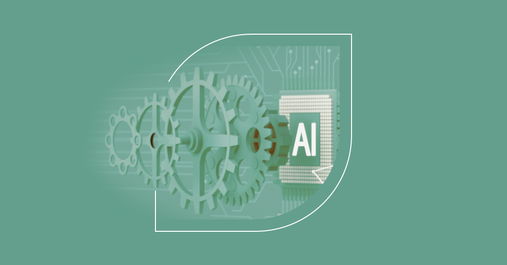 Illustration of interconnected gears with the letters "AI" on a chip, symbolizing artificial intelligence technology within a green, leaf-shaped frame—highlighting how measuring success in IT often relies on advanced technologies. - SysAid