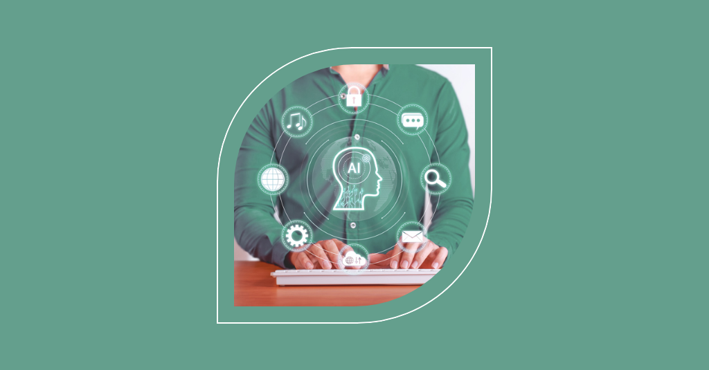 A person in a green shirt uses a laptop with various icons like music, settings, chat, magnifying glass, and more surrounding a central AI symbol, illustrating the diverse tools essential for measuring success in IT. - SysAid