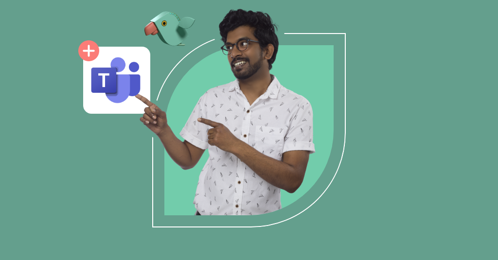 A person in a white patterned shirt points to a Microsoft Teams logo with a plus sign next to it, highlighting its role in enhancing employee experience. A bird icon is also visible above the logo. - SysAid