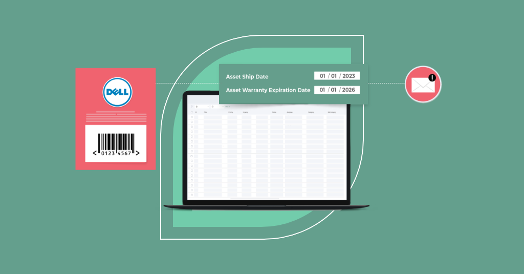 A laptop displaying a spreadsheet with a barcode and Dell logo on the left, showing asset ship and warranty expiration dates, and an email icon on the right enhances employee experience by streamlining asset management. - SysAid