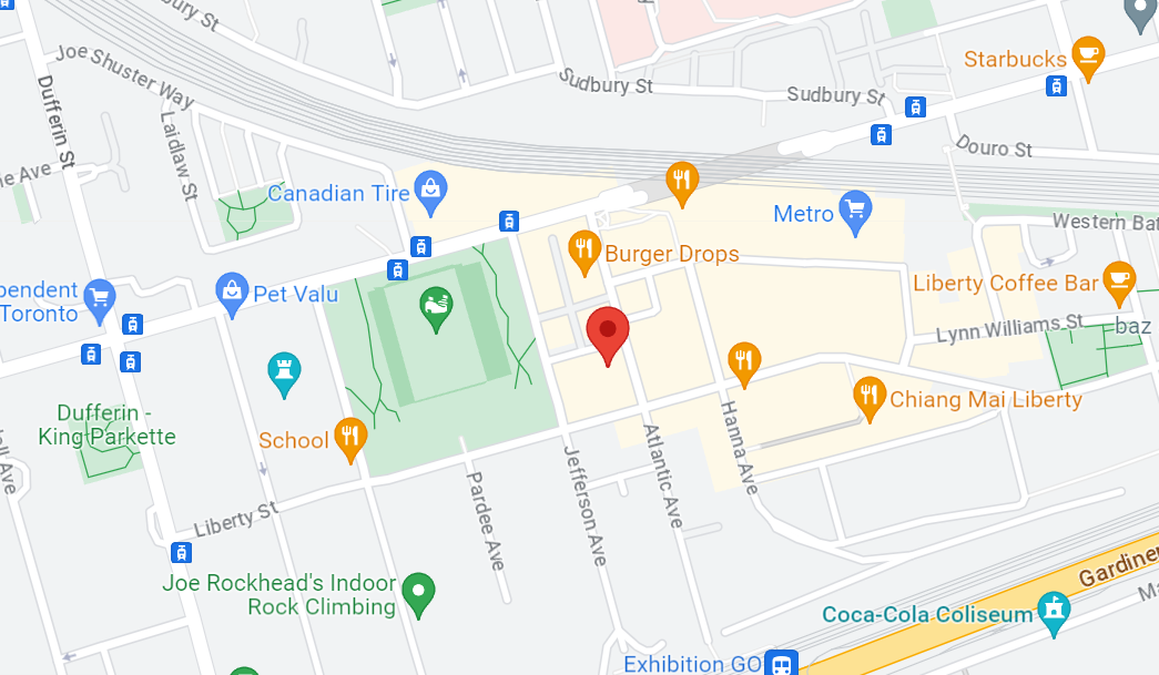 Map screenshot showing a location pinpointed on a street near burger drops and a park, with various businesses labeled around.