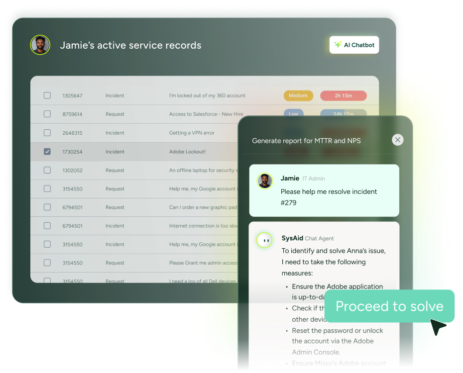 SysAid ITSM dashboard showing incident records and chatbot-assisted resolution for streamlined service management. - SysAid