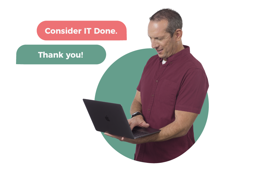 Man in a red shirt using a laptop, with speech bubbles saying "consider it done." and "thank you!" against a green background.