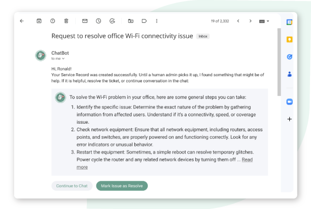 A screenshot of a chat window on a computer screen, showing a conversation with a tech support bot about resolving office wi-fi connectivity issues.