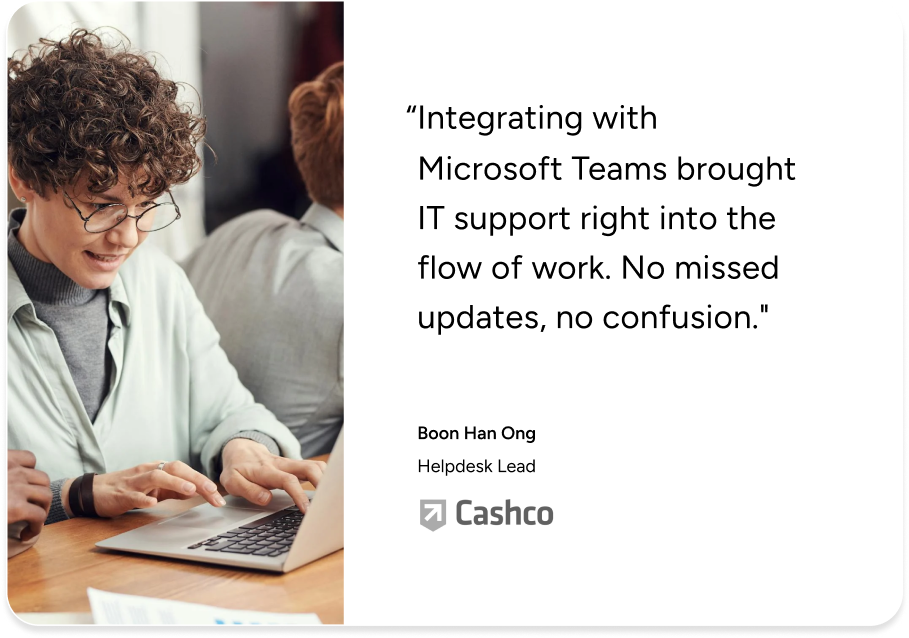 Employee uses laptop beside a SysAid ITSM testimonial highlighting improved IT support with Microsoft Teams integration. - SysAid