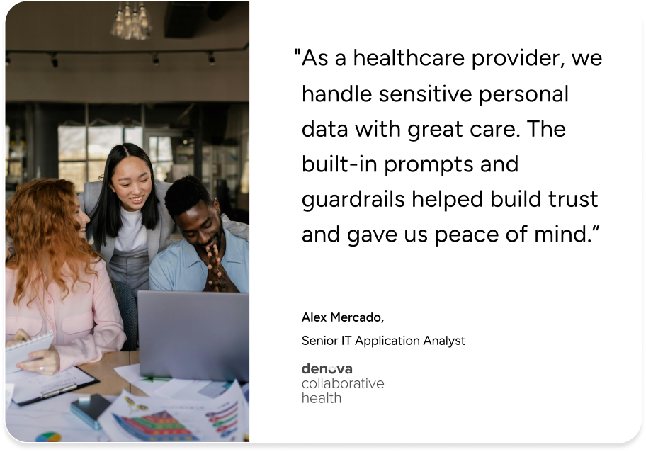 Three colleagues discuss ITSM solutions by SysAid, highlighting a testimonial from Alex Mercado at den•va collaborative health. - SysAid