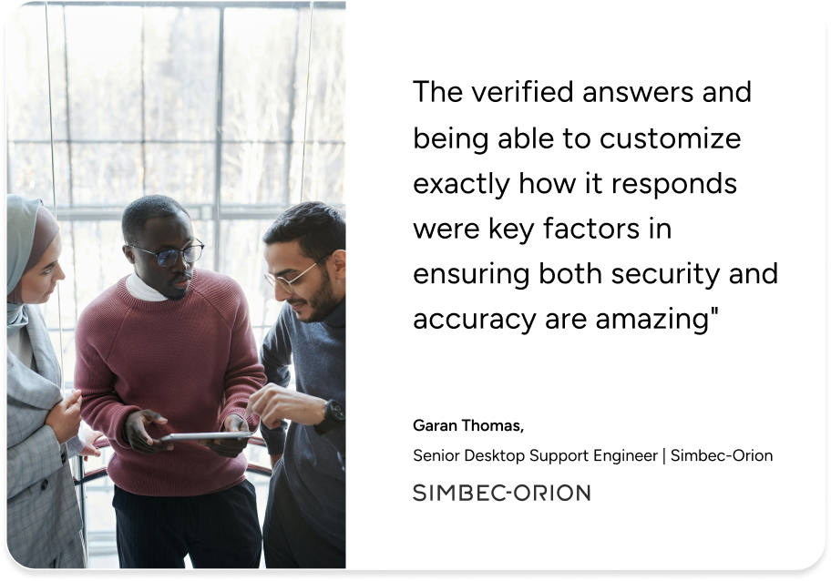 Three IT professionals review a tablet, showcasing SysAid Service Desk’s security and accuracy for efficient ITSM support. - SysAid