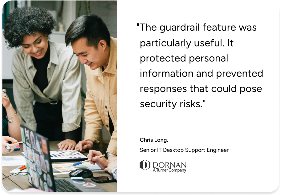 Three colleagues discuss ITSM solutions at a desk as a SysAid client highlights security guardrail benefits in a quote. - SysAid