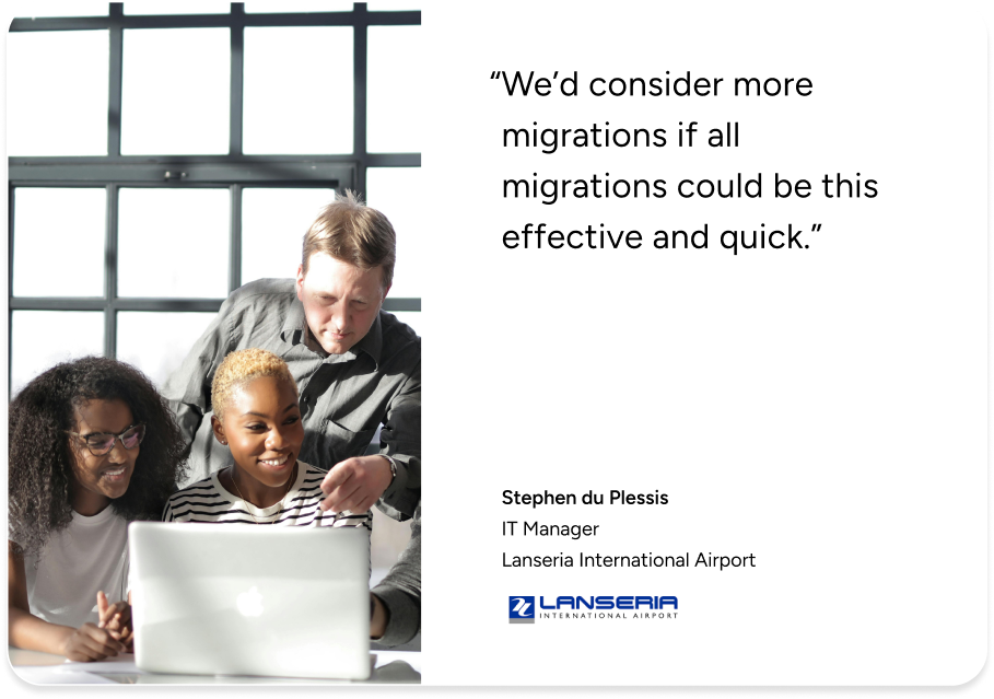 IT pros collaborate at a laptop, reading an ITSM migration success testimonial from Lanseria Intl Airport. - SysAid