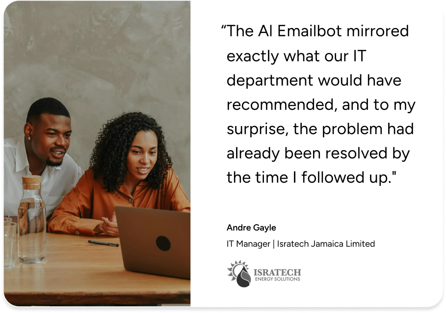 Two IT professionals review a laptop; testimonial highlights SysAid’s AI email tool for efficient ITSM support. - SysAid