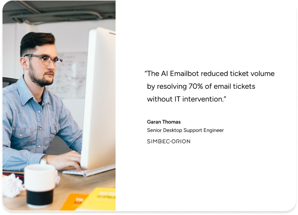 IT professional at desktop with testimonial on SysAid ITSM AI bot cutting ticket volume, by Garan Thomas of Simbec-Orion. - SysAid