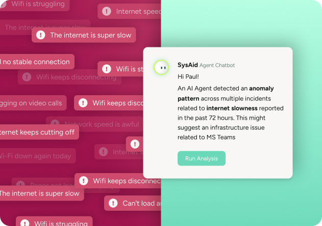 SysAid ITSM AI chatbot detects internet slowness, highlighting infrastructure issues for faster IT service management. - SysAid