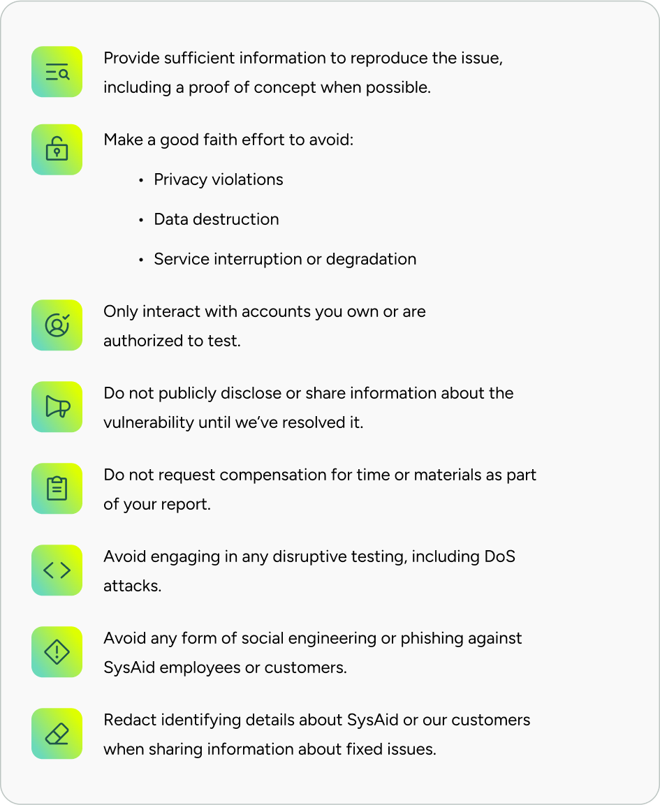 ITSM security guidelines list for reporting vulnerabilities, protecting data, and ensuring safe service desk operations. - SysAid