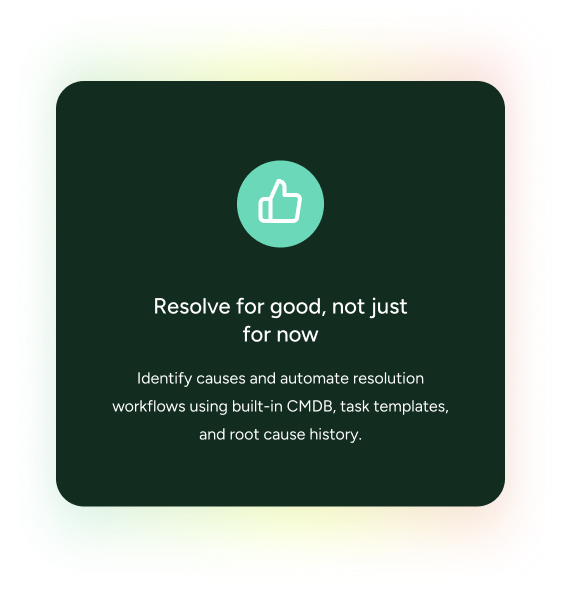 A green SysAid card with a thumbs-up icon highlights ITSM automation for lasting resolution workflows and root cause tracking. - SysAid