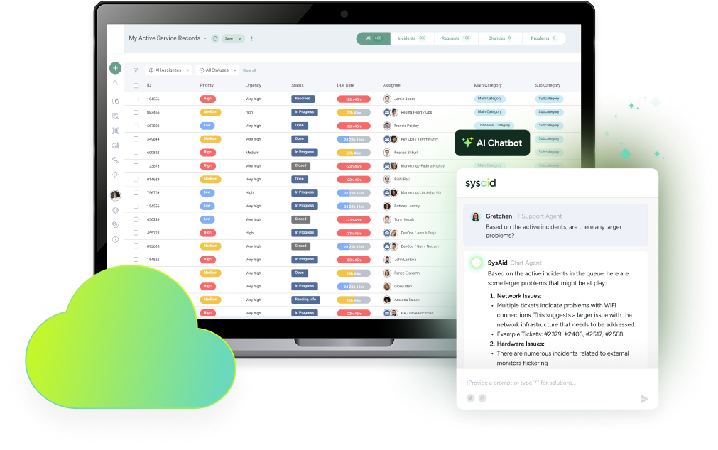 SysAid ITSM dashboard on laptop with colored status labels, AI chatbot overlay, and green cloud icon in foreground. - SysAid
