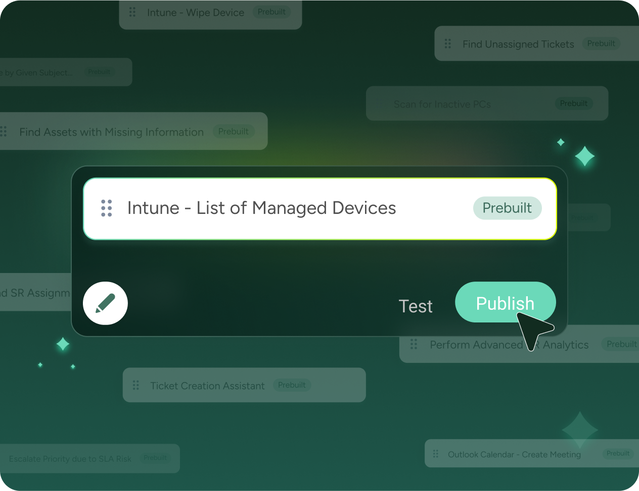 SysAid ITAM interface showing a managed devices list with the green Publish button highlighted for asset management actions. - SysAid