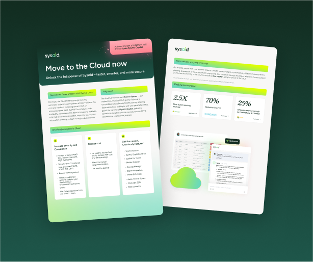 SysAid flyers on cloud ITSM, highlighting benefits, stats, and features with icons on a green gradient background. - SysAid