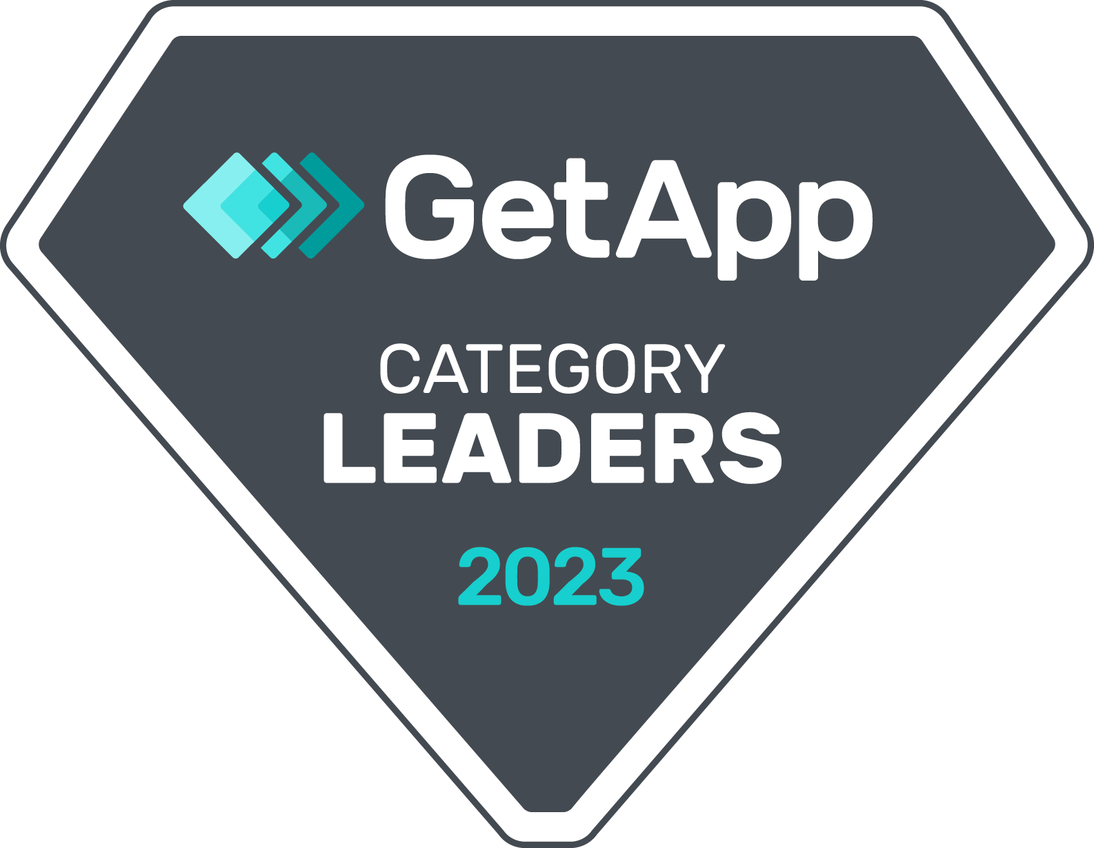 Logo of "GetApp Category Leaders 2023 in Help Desk Software" on a diamond-shaped badge featuring turquoise and grey colors.