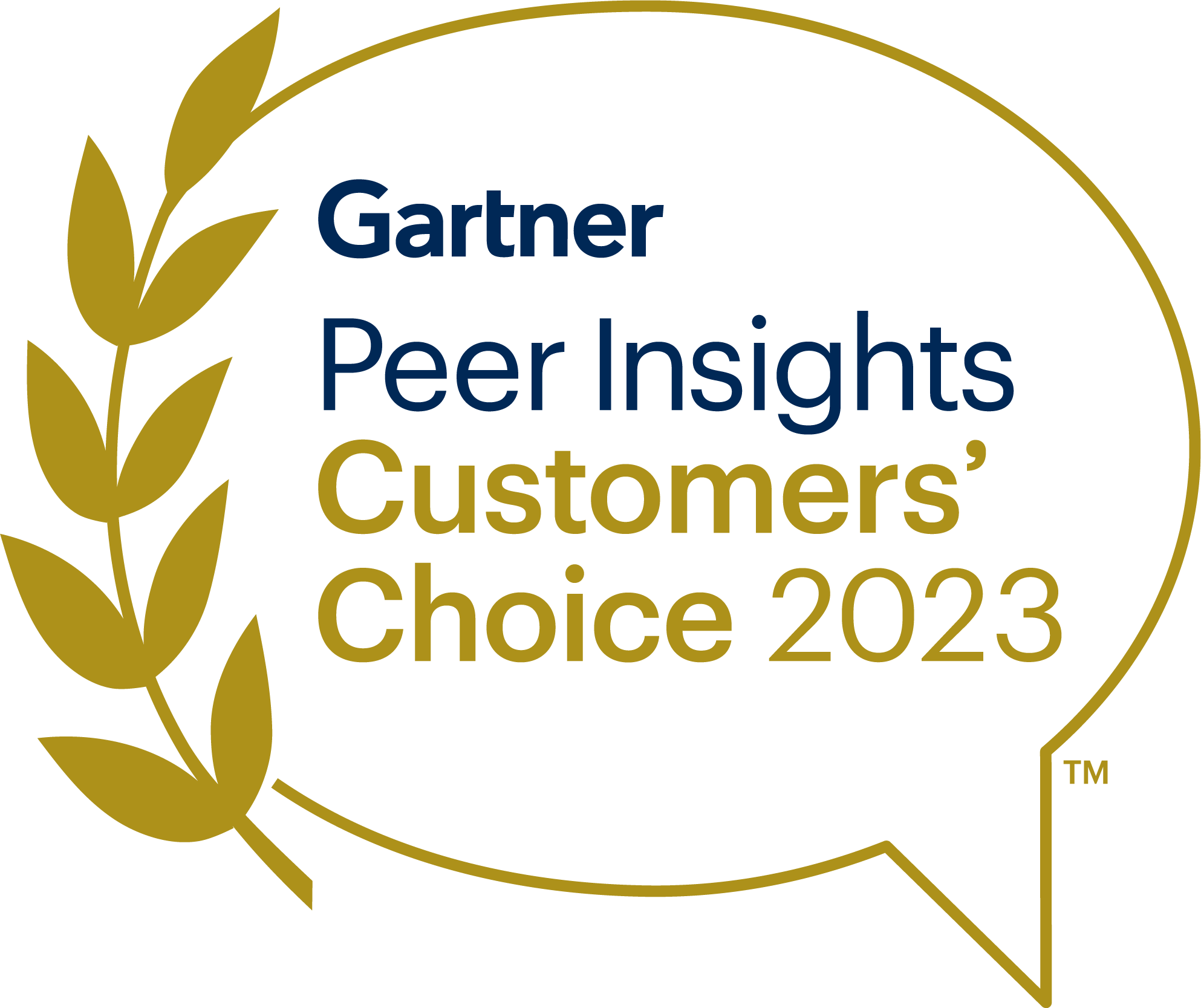 Logo of Gartner Peer Insights Customers' Choice 2023 for Help Desk Software, featuring gold laurels and blue text inside a speech bubble shape.