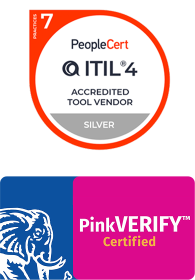 SysAid ITSM badge: PeopleCert ITIL 4 Accredited Tool Vendor Silver, PinkVERIFY Certified help desk logo. - SysAid