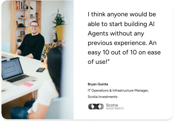 Three colleagues with laptops discuss ITSM solutions, featuring a SysAid testimonial on building AI agents by Bryan Guinta. - SysAid