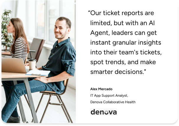 Two people using laptops collaborate on ITSM solutions; AI quote highlights enhanced ticket reports with SysAid branding. - SysAid