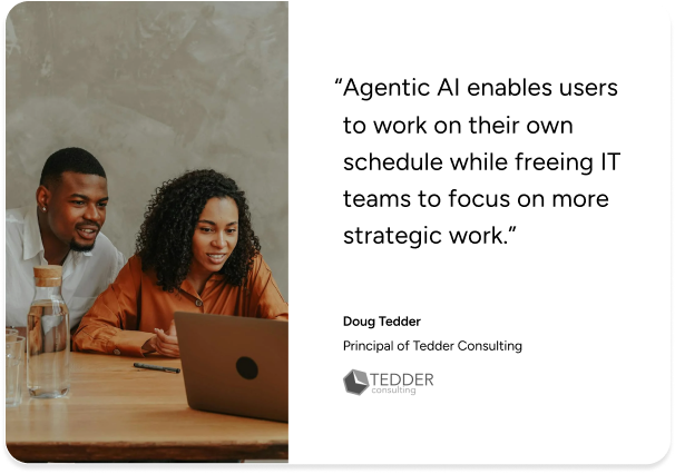 Two people discuss ITSM solutions on a laptop, highlighting SysAid’s AI-driven workflow efficiency per Doug Tedder. - SysAid