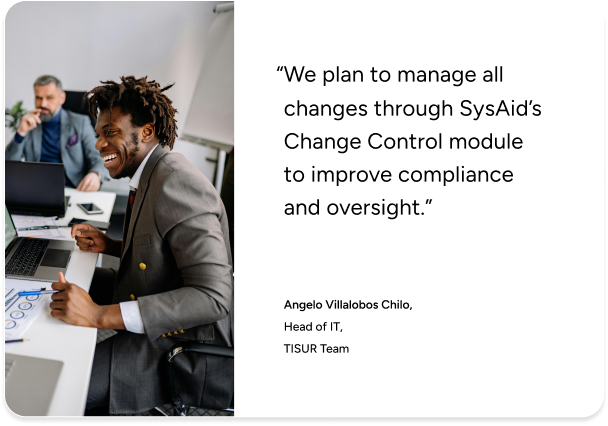 A professional using SysAid’s ITSM Change Control module at his desk, showcasing improved compliance and oversight. - SysAid