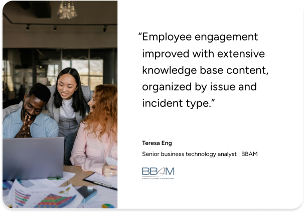 Three colleagues review ITSM data on a laptop, highlighting improved employee engagement with SysAid Service Desk solutions. - SysAid