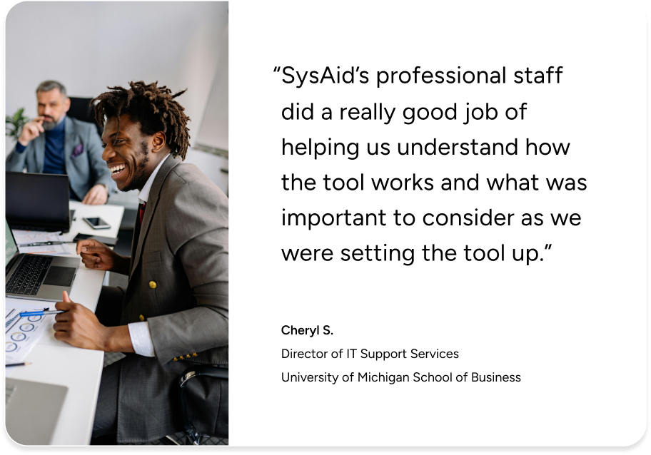Two professionals at a desk using SysAid ITSM platform; testimonial highlights SysAid’s expert Service Desk support. - SysAid