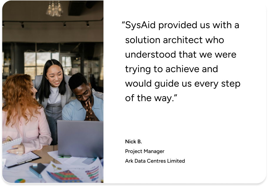Three professionals discuss ITSM solutions with SysAid, highlighting a testimonial about expert service from a solution architect. - SysAid