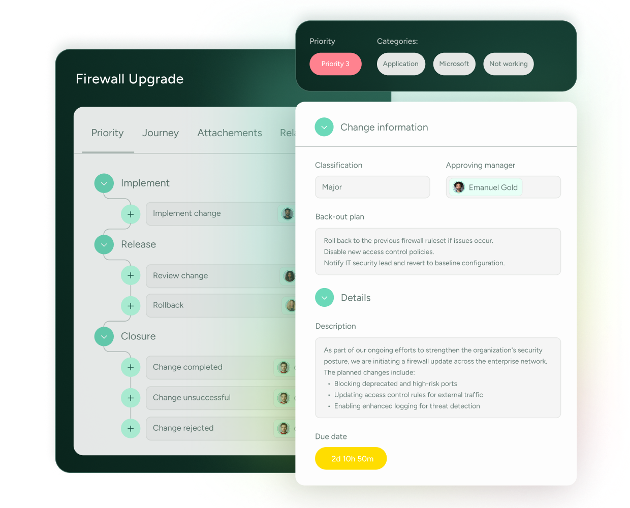ITSM project dashboard in SysAid showing Firewall Upgrade task details, priorities, categories, and rollout status. - SysAid